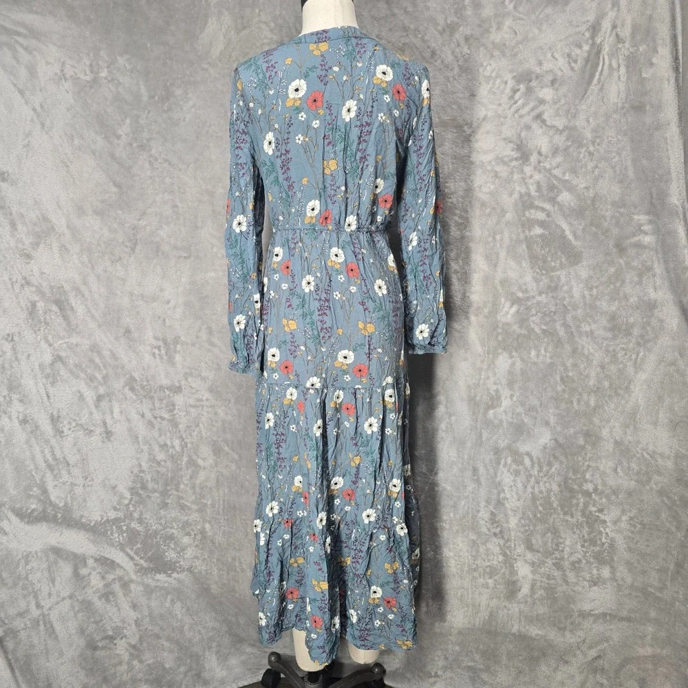 Emery Rose Blue Floral Tiered Maxi Dress Women L V-Neck Boho Cottagecore Peasant